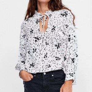 Zara Blouse Women's XS Stars and Flower Print Smocked Chest Keyhole Tie Closure